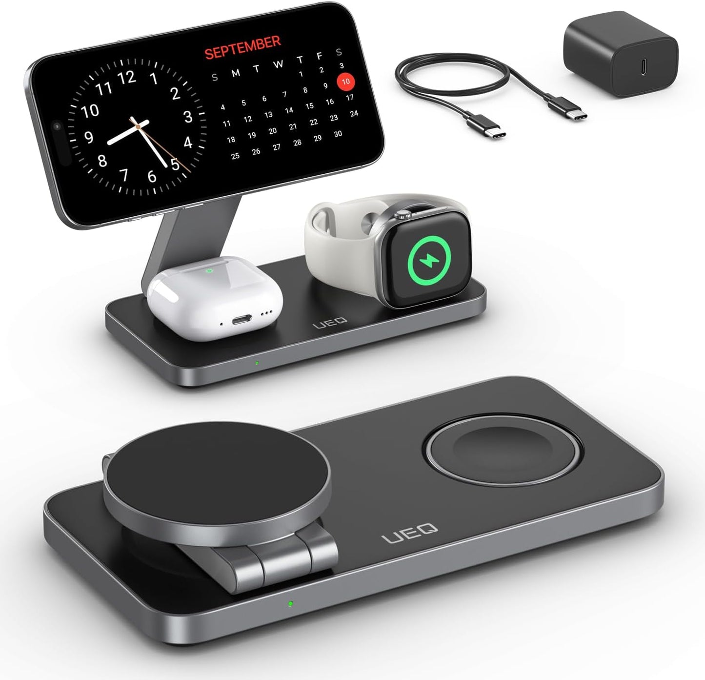Foldable 3 in 1 Wireless Charging Station for Apple Compatible with Magsafe Charger Stand,Magnetic Wireless Charger Station for iPhone 16 15 14 13 12 Series,Airpods Pro,Apple Watch(Black)