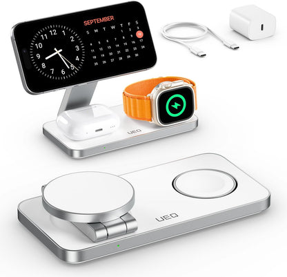 Foldable 3 in 1 Wireless Charging Station for Apple Compatible with Magsafe Charger Stand,Magnetic Wireless Charger Station for iPhone 16 15 14 13 12 Series,Airpods Pro,Apple Watch(Black)