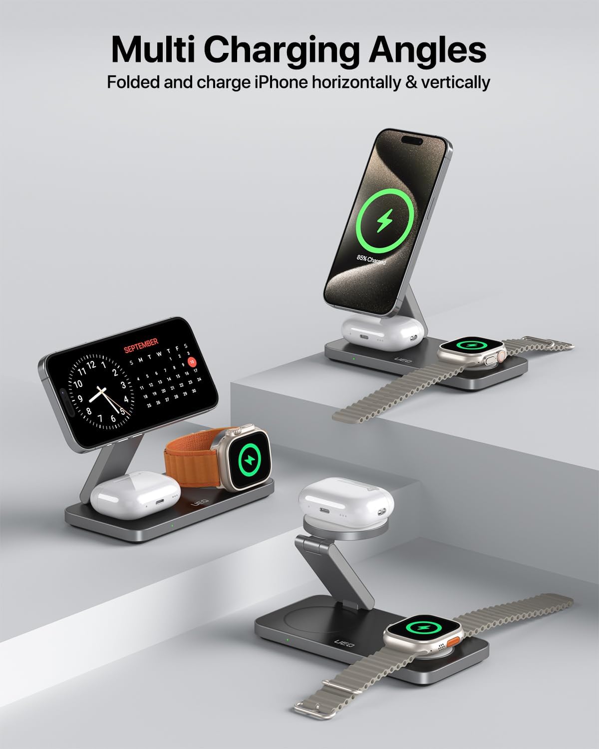 Foldable 3 in 1 Wireless Charging Station for Apple Compatible with Magsafe Charger Stand,Magnetic Wireless Charger Station for iPhone 16 15 14 13 12 Series,Airpods Pro,Apple Watch(Black)
