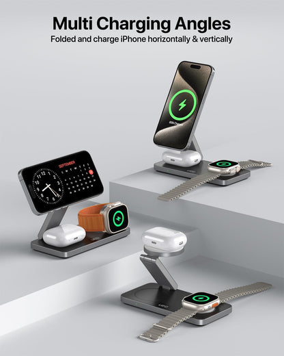Foldable 3 in 1 Wireless Charging Station for Apple Compatible with Magsafe Charger Stand,Magnetic Wireless Charger Station for iPhone 16 15 14 13 12 Series,Airpods Pro,Apple Watch(Black)