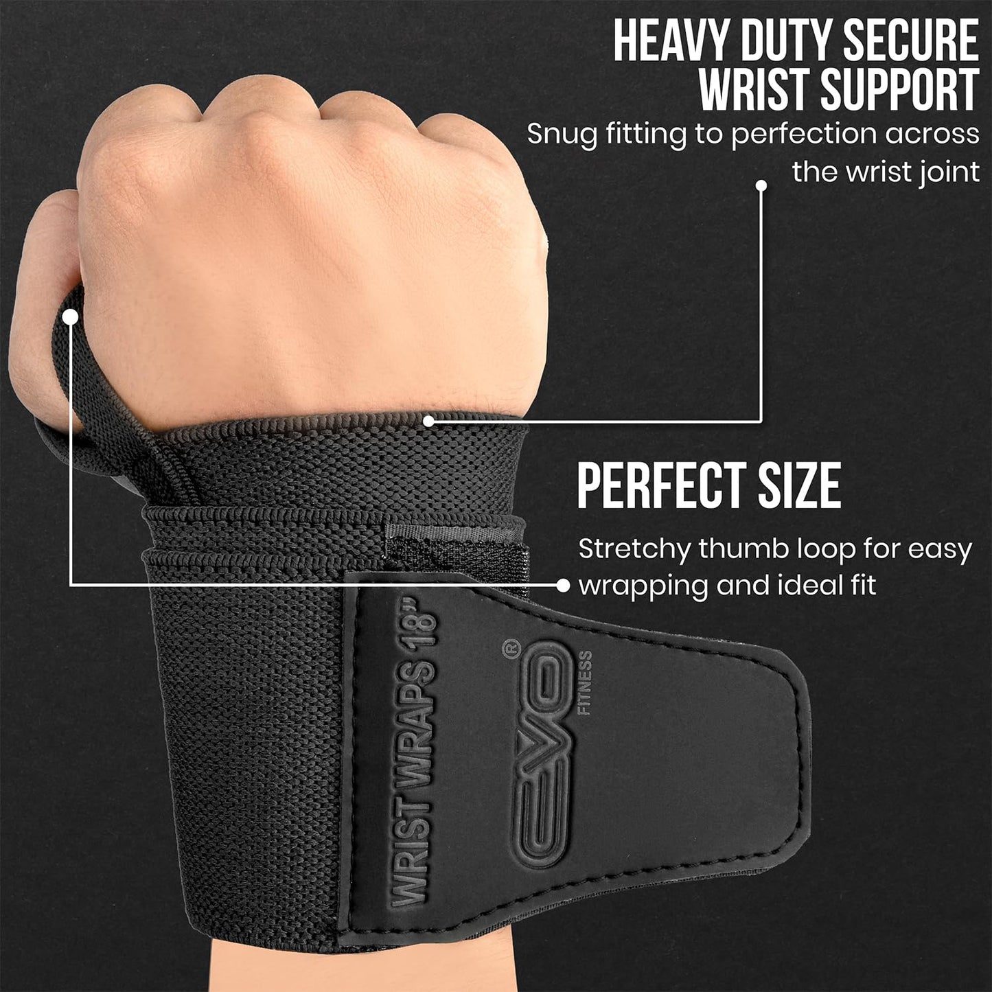 Pair of 18” Deep Black Weight Lifting Wrist Wraps Support Elasticated Cotton Straps Thumb Loop Powerlifting Bodybuilding Strength Gym Training Workout
