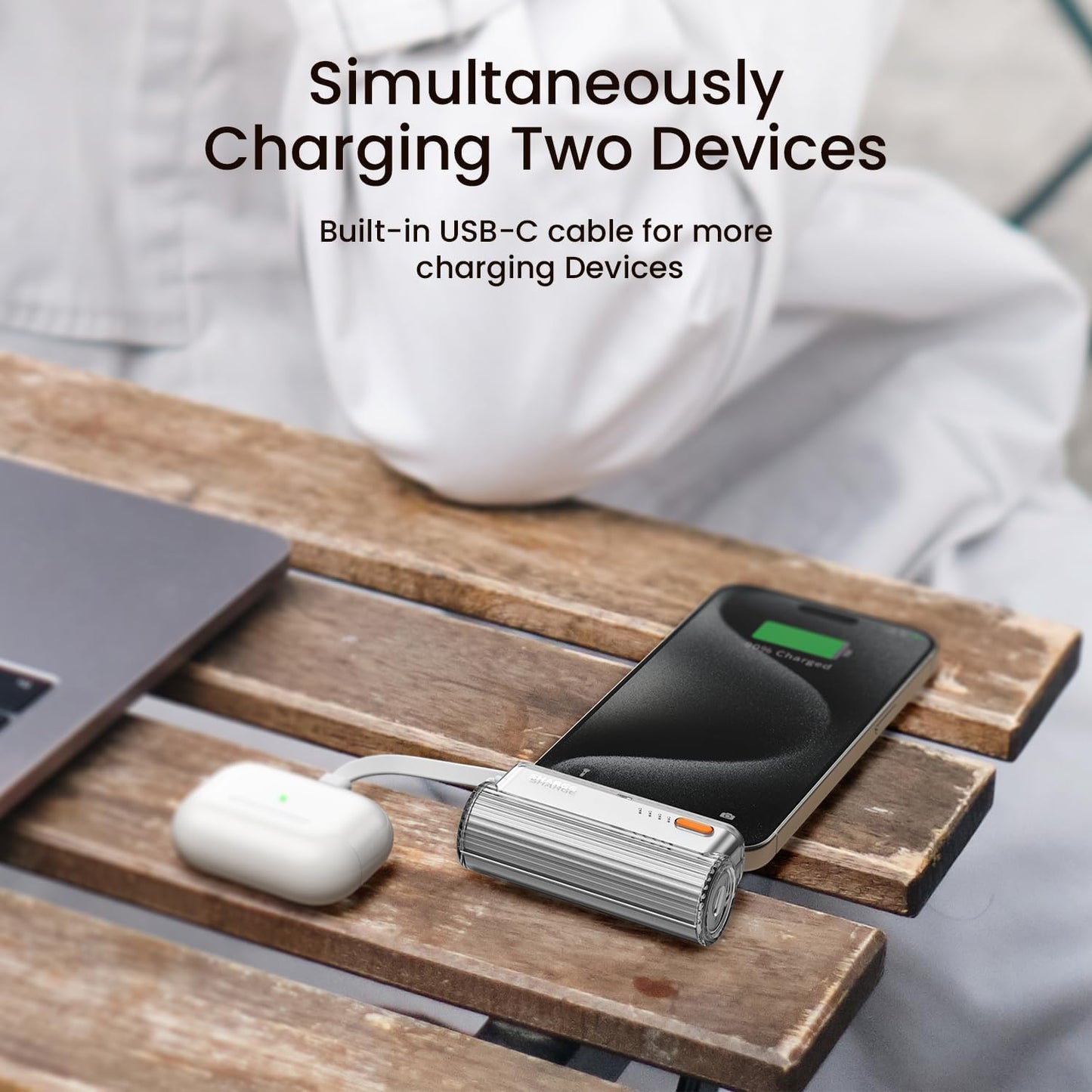 Flow Mini Portable Charger, 5000mAh Small Power Bank with Changeable Plugs and Built in Cable, Dual Output USB-C External Battery Compatible with iPhone 16/15/14/13, iPad, Galaxy S24/23 Ultra