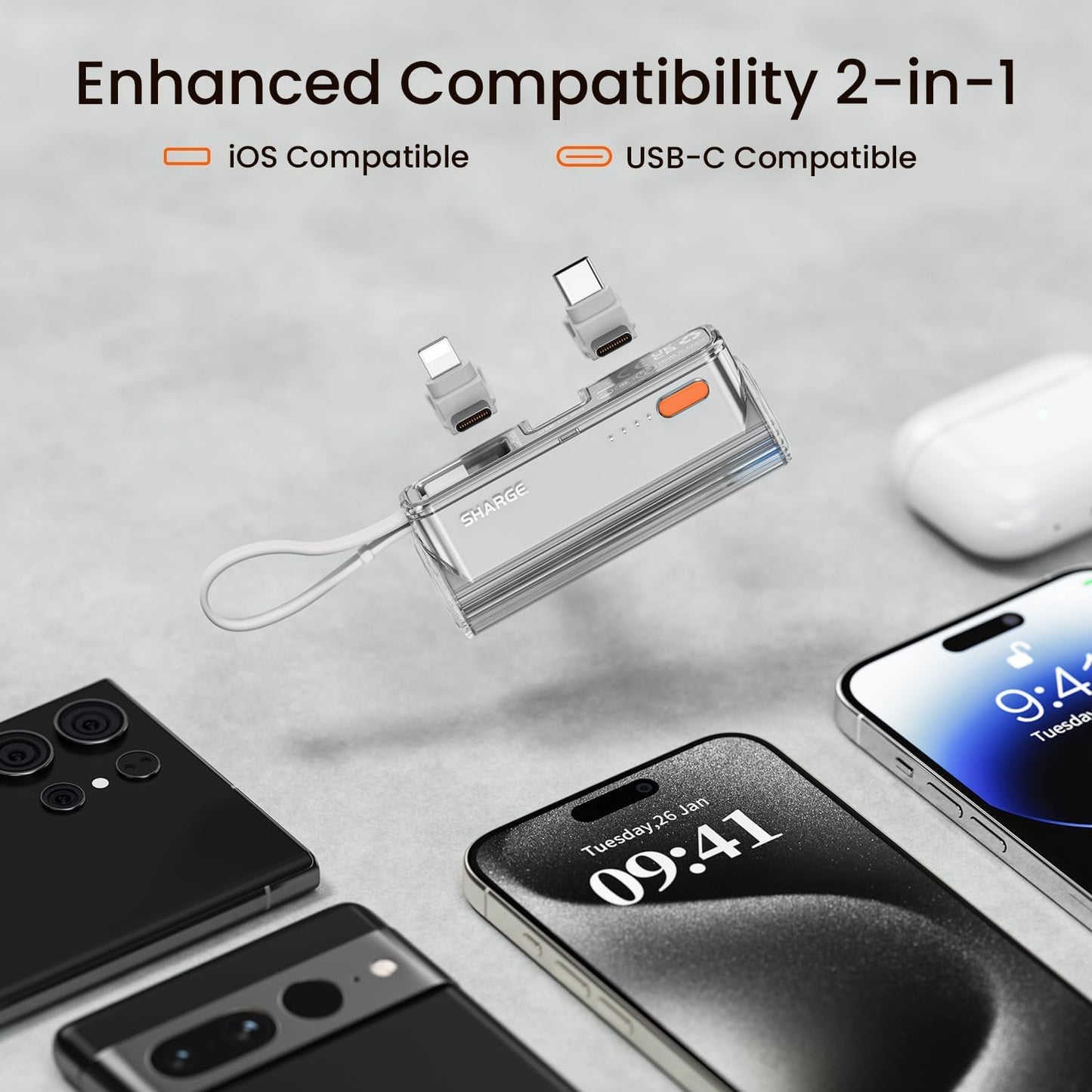 Flow Mini Portable Charger, 5000mAh Small Power Bank with Changeable Plugs and Built in Cable, Dual Output USB-C External Battery Compatible with iPhone 16/15/14/13, iPad, Galaxy S24/23 Ultra