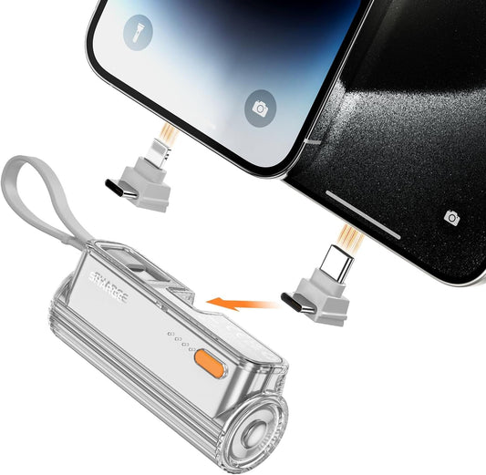 Flow Mini Portable Charger, 5000mAh Small Power Bank with Changeable Plugs and Built in Cable, Dual Output USB-C External Battery Compatible with iPhone 16/15/14/13, iPad, Galaxy S24/23 Ultra