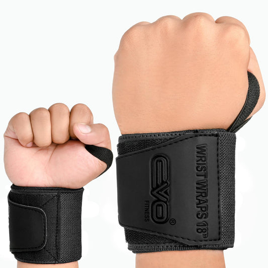Pair of 18” Deep Black Weight Lifting Wrist Wraps Support Elasticated Cotton Straps Thumb Loop Powerlifting Bodybuilding Strength Gym Training Workout