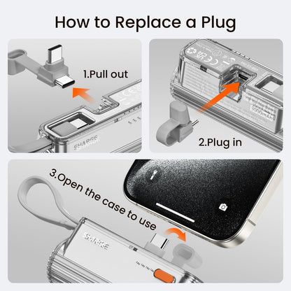 Flow Mini Portable Charger, 5000mAh Small Power Bank with Changeable Plugs and Built in Cable, Dual Output USB-C External Battery Compatible with iPhone 16/15/14/13, iPad, Galaxy S24/23 Ultra