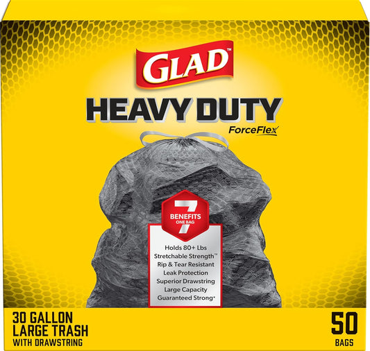Glad Large Drawstring Trash Bags, ForceFlex 30 Gallon Black Trash Bags, 50 Count (Package May Vary)