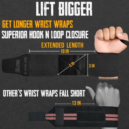 Pair of 18” Deep Black Weight Lifting Wrist Wraps Support Elasticated Cotton Straps Thumb Loop Powerlifting Bodybuilding Strength Gym Training Workout