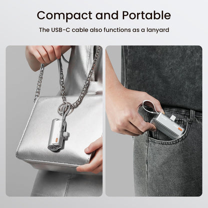 Flow Mini Portable Charger, 5000mAh Small Power Bank with Changeable Plugs and Built in Cable, Dual Output USB-C External Battery Compatible with iPhone 16/15/14/13, iPad, Galaxy S24/23 Ultra